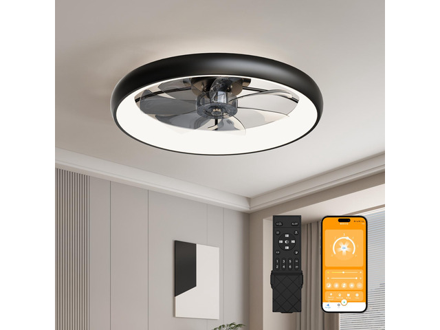 24.4' Large Size Black Ultra-Thin Ceiling Fan with Light, 6-Speed Reversible Fandelier, 3-Color Temp Dimmable, Remote & App Control, Silent Motor,...