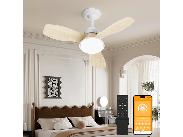 24.4' Wood Grain Ceiling Fan with Light, 3 Blades, 6-Speed Reversible Quiet Dc Motor, Dimmable Led, App & Remote Control, Flush Mount for Bedroom...