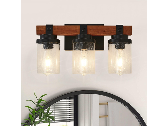 3-Light Matte Black and Wooden Wall Lamps with Glass Shades(No Bulbs) for Bathroom Or Bedroom