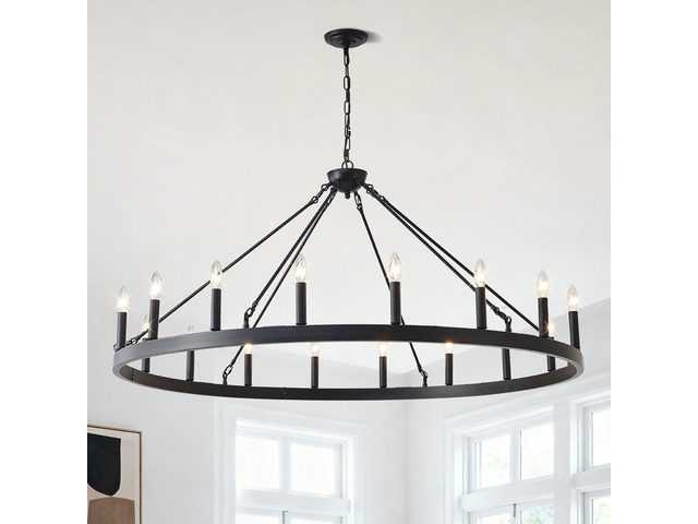 53.15 inch Matte Black Wagon Wheel Chandelier with 18 Light (No Bulbs) -E12