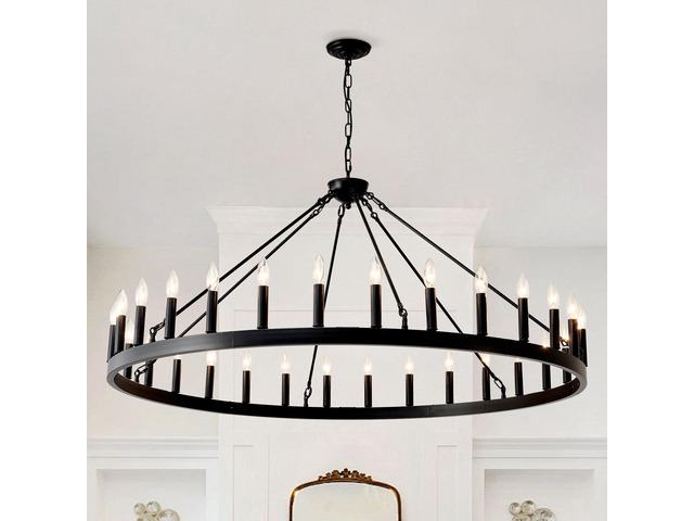 53.15 inch Matte Black Wagon Wheel Chandelier with 30 Light (No Bulbs)-E12