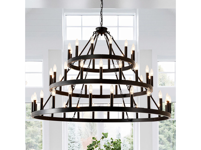 3 Tiers Wagon Wheel Chandelier Farmhouse 54-Light(24+18+12), Black Metal Chandeliers 3-Story Light Fixtures industrial for High Ceiling Living...