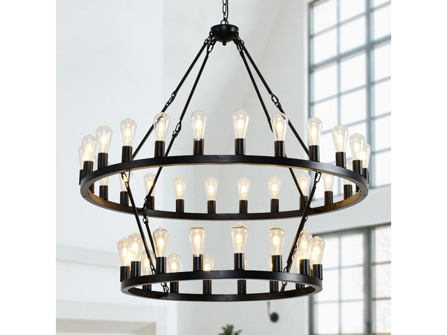 47.24 inch Matte Black Wagon Wheel Chandelier with 36-Lights (24+12) (No Bulbs)