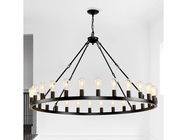 53.15 inch Black Extra Large Wagon Wheel Chandelier, 28-Lights Farmhouse industrial Round High Ceiling Pendant Light Adjustable Chain, for Dining...
