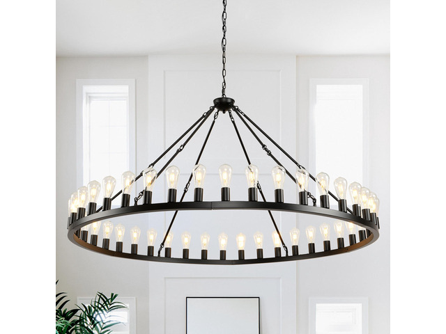 64 inch Black Extra Large Wagon Wheel Chandelier, 42-Lights Farmhouse industrial Round High Ceiling Pendant Light Adjustable Chain, for Dining...