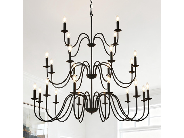 Farmhouse Chandelier, Black Metal Chandeliers Light Fixtures industrial for High Ceiling Living Dining Room Foyer. Adjustable Height-E12