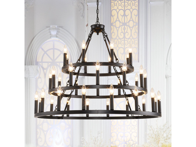 39.37 inch 3 Tiers Wagon Wheel Chandelier Farmhouse 36-Light(8+12+16), Black Metal Chandeliers 3-Story Light Fixtures industrial for High Ceiling...