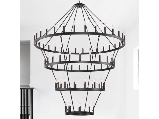 69.3 inch 4 Tiers Wagon Wheel Chandelier Farmhouse 80-Lights, Black Metal Chandeliers 4-Story Light Fixtures industrial for High Ceiling Living...