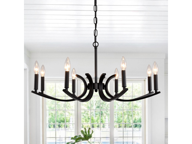 8-Light Farmhouse Chandelier, Black Metal Chandeliers Light Fixtures industrial for High Ceiling Living Dining Room Foyer. Adjustable Height-E12