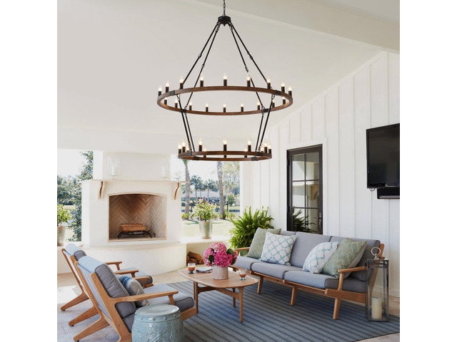 Large Solid Wood Wagon Wheel Chandelier,2Tier 32-Lights Farmhouse industrial Country Style Round Pendant Light Fixture for Outdoor Porch High...