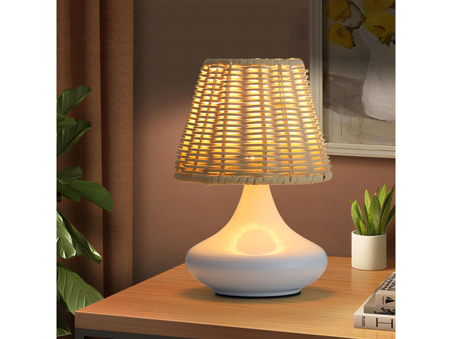 White Woven Bamboo Table Lamp Dimmable Desk Lamp Night Light with Iron Base & Three Color Temperatures