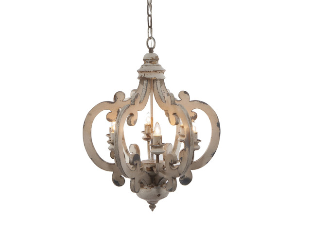 21 inch 6 Light Chandelier, Carved Wood Frame, Classic, Vintage, White