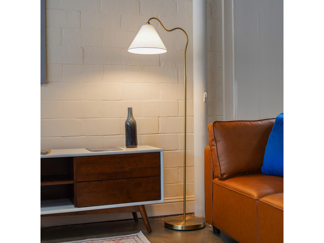 Majestic Brass Ring Base Curved Floor Lamp with Triangle White Drum Shade