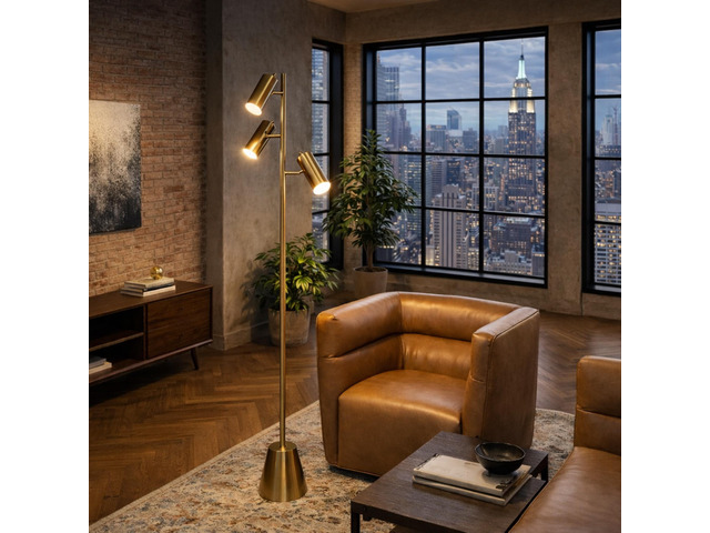 Lumina Brassed Gold Floor Lamp with Rotary Switch Triple Spots Metal Cone Base