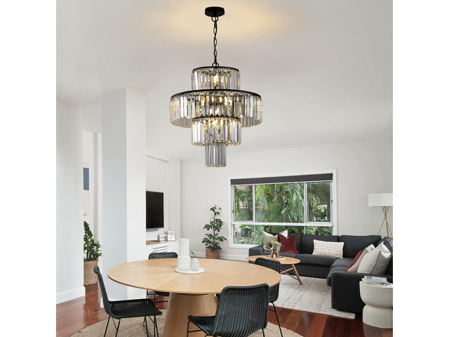 20' Modern Crystal Chandelier with Black Finish, 4-Tier Design for Dining Room Or Living Room, Elegant Crystal Pendant Light Fixture (Bulb Not...