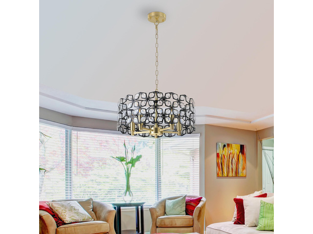 19' Geometric Crystal and Blackgold Round Pendant Chandelier Modern 5-Light Fixture for Dining Room, Living Room, Or Kitchen (Bulb Not included)