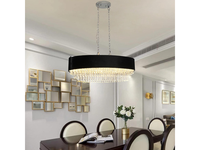 39' Modern Crystal Chandelier with Black Imitation Velvet Anti-Glare Shade, Adjustable Height, 8-Light G9 Base for Dining Room, Living Room, Or...