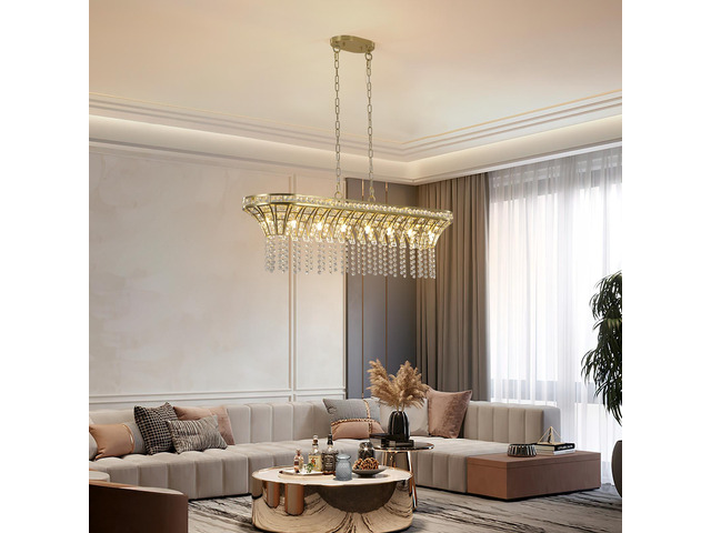 39' Modern Crystal Linear Rectangle Chandelier with Gold Finish, Elegant Pendant Light with Cascading Beads, for Dining Room, Living Room, Or Foyer...