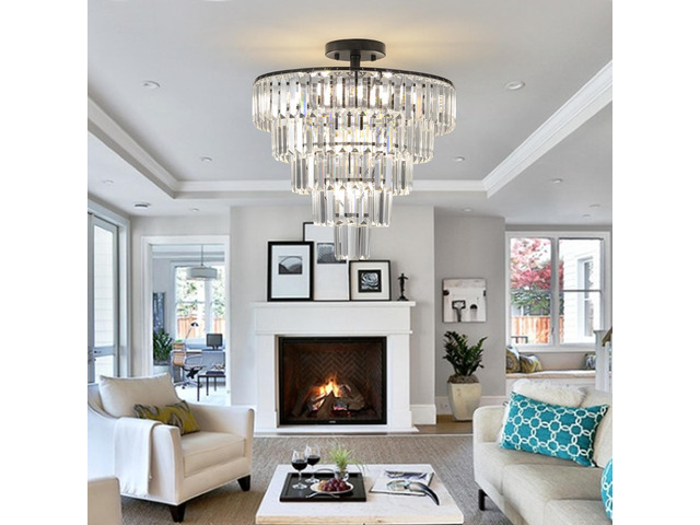 20' Black Crystal Chandelier Ceiling Light, Modern Luxury 10-Light Flush Mount Light Fixture, Elegant Home Lighting for Living Room, Dining Room,...