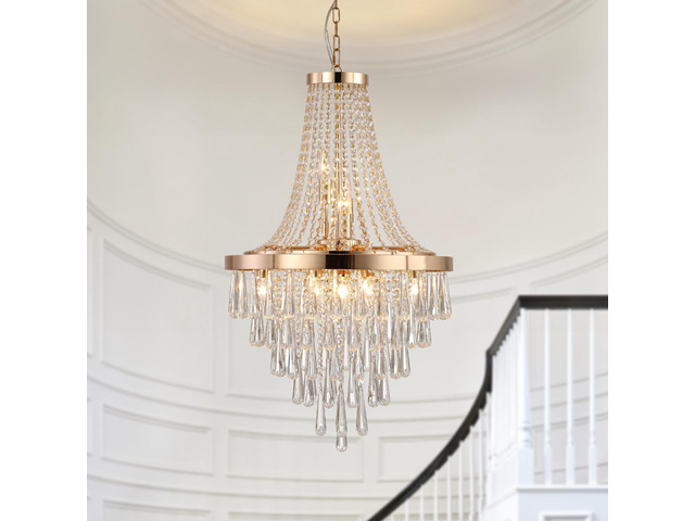 20' Modern Crystal Pendant Chandelier with Golden Finish Elegant 11-Light Hanging Light Fixture Tiered Design for Dining Room, Living Room, Or...