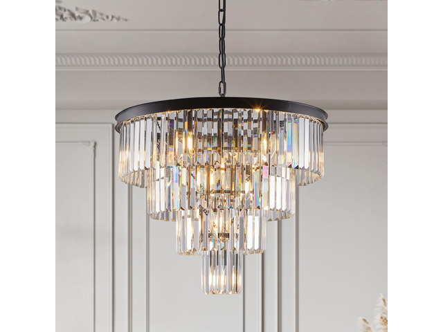 24' Contemporary Crystal Modern Chandeliers Crystal Ceiling Chandelier 4 Tier Black Chandelier Lighting for Dining Room Living Room Bedroom (Bulbs...