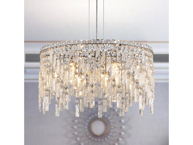 24' Luxurious Round Silver Crystal Chandelier, Contemporary Rectangular Pendant Light for Dining Room, Living Room, and Grand Foyers (Bulbs Not...