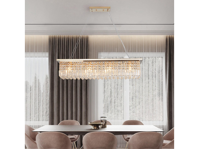 Modern Crystal Chandelier for Dining Room 8-Light Gold Rectangle Raindrop Chandelier Contemporary Rectangular Pendant Light Fixture for Kitchen...