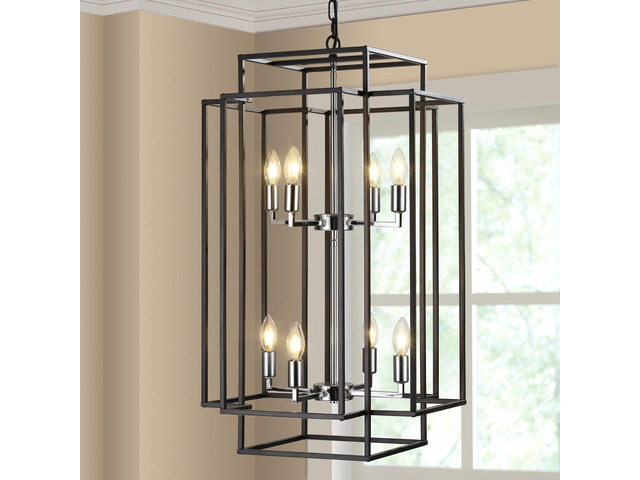 18' Modern 8-Light Black & Chrome Geometric Pendant Chandelier, industrial Metal Frame, Adjustable Hanging Light for Living Room, Dining Room,...