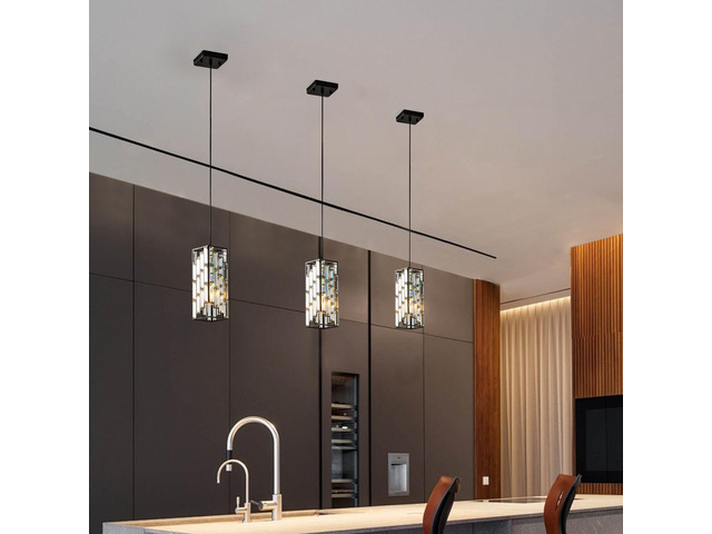 4' Modern Crystal Pendant Light - 3 Pack, Adjustable Hanging Ceiling Lamp with Crystal Prism Design for Dining Room, Kitchen Island, and Living...