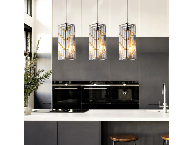 4' Modern Crystal Pendant Light - 3 Pack, Adjustable Hanging Ceiling Lamp with Crystal Prism Design for Dining Room, Kitchen Island, and Living...