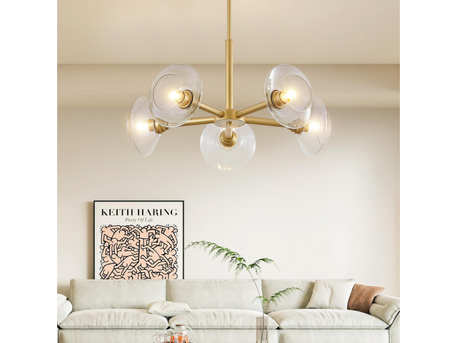 26' Modern Gold 5-Light Sputnik Chandelier with Clear Glass Shades, Mid-Century Hanging Pendant Light Fixture for Dining Room, Living Room, Or...