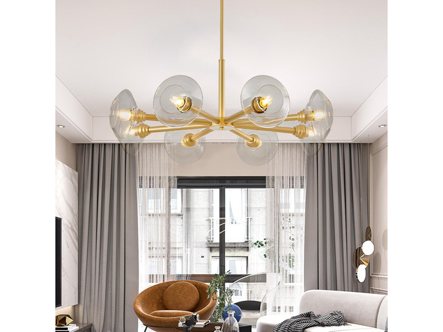 36' Modern Gold 8-Light Sputnik Chandelier with Clear Glass Shades, Mid-Century Hanging Pendant Light Fixture for Dining Room, Living Room, Or...