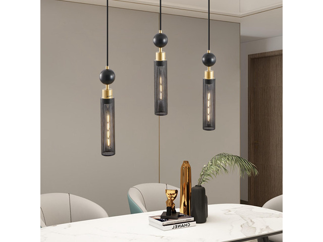 25' Modern Black and Gold 3-Light Pendant Chandelier, Adjustable Hanging Lights with Cylindrical Mesh Shades, E26 Base, Ideal for Dining Room,...