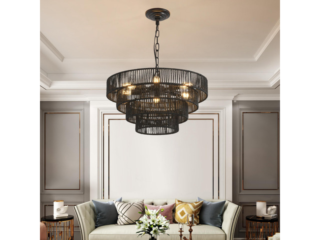 20' Rustic 4-Tier Black Hemp Rope Pendant Light Chandelier with 6 E12 Sockets, Handmade Tiered Boho Ceiling Light Fixture for Dining Room, Kitchen,...