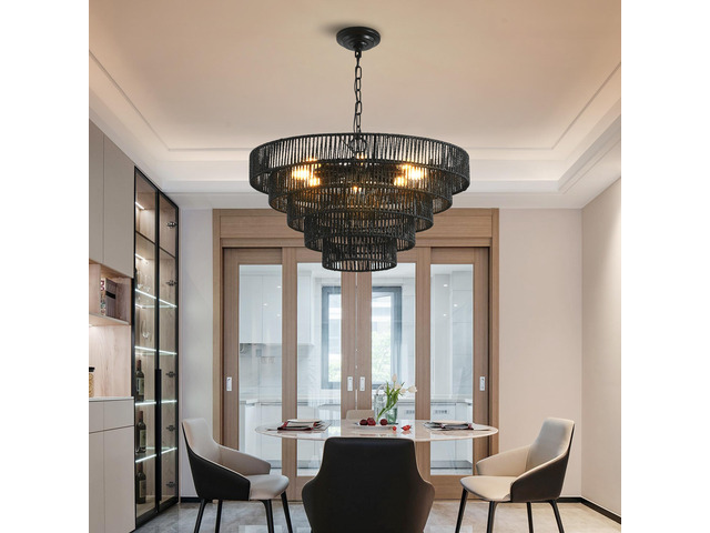 24' Rustic 5-Tier Black Hemp Rope Pendant Light Chandelier with 8 E12 Sockets, Boho Farmhouse Ceiling Fixture for Dining Room, Kitchen, Or Entryway...