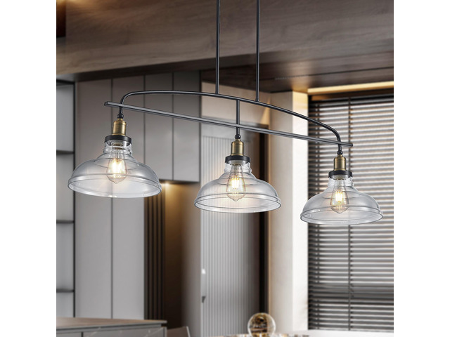 45' industrial 3-Light Pendant Chandelier with Clear Glass Shades, Black Metal Frame, Adjustable Height, Modern Farmhouse Lighting for Kitchen...