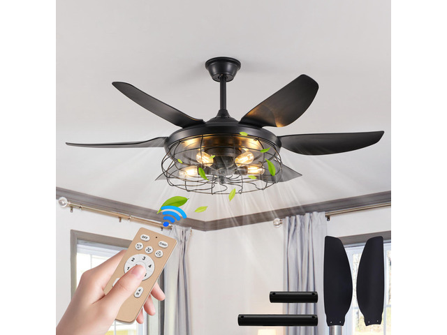 52' Modern Black Ceiling Fan with Light, 6 Fan Blades and industrial Cage Design, Adjustable Speed for Living Room, Bedroom, Dining Room...