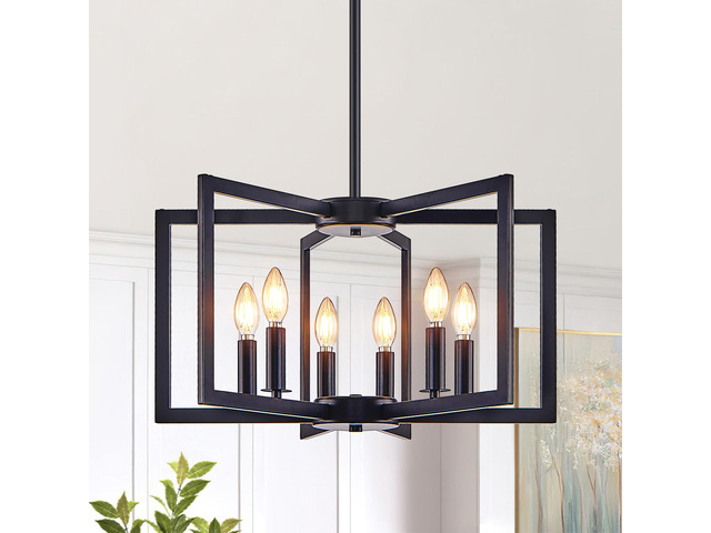 22' Modern Black Geometric 6-Light Chandelier industrial Metal Pendant Light Fixture for Living Room, Dining Room, Or Kitchen (Bulb Not included)