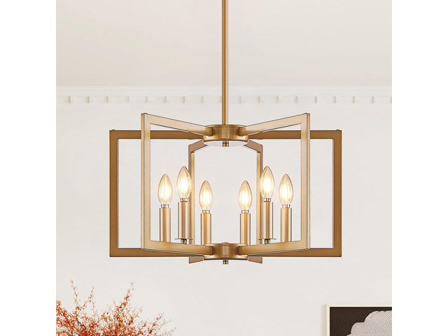 22' Modern Golden Geometric 6-Light Chandelier industrial Metal Pendant Light Fixture for Living Room, Dining Room, Or Kitchen (Bulb Not included)