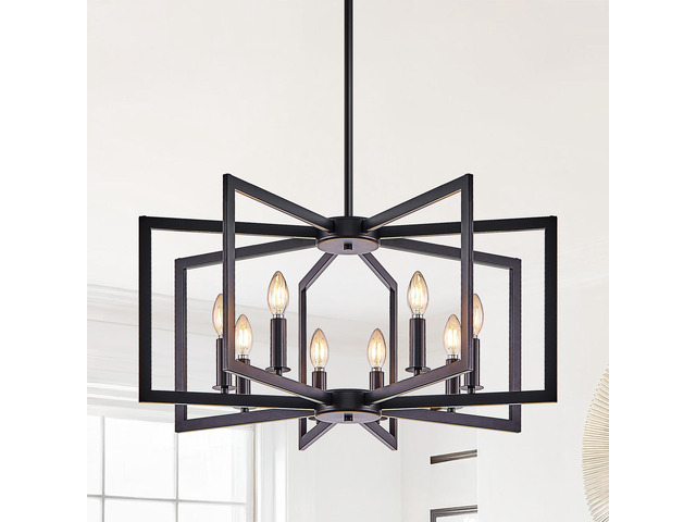 27' Modern Black Geometric 8-Light Chandelier industrial Metal Pendant Light Fixture for Living Room, Dining Room, Or Kitchen (Bulb Not included)