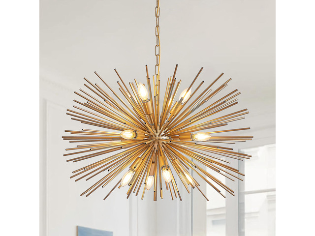 29' Mid-Century Modern 12-Light Starburst Chandelier Gold Sputnik Pendant Light Fixture for Living Room, Dining Room, Or Foyer (Bulb Not included)