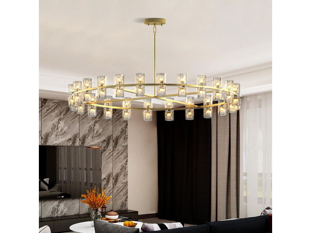 48 inch Gold Wagon Wheel Chandelier with Crystal Shade, 48 Lights, Modern Farmhouse Style, Ideal for Dining Room, Kitchen, Entryways