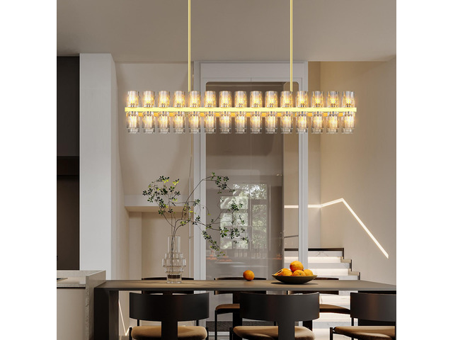 Crystal Brass Rectangle Chandeliers for Dining Room, 54in Gold Farmhouse Chandeliers for Dining Room, Modern Rectangle Crystal Chandelier for...