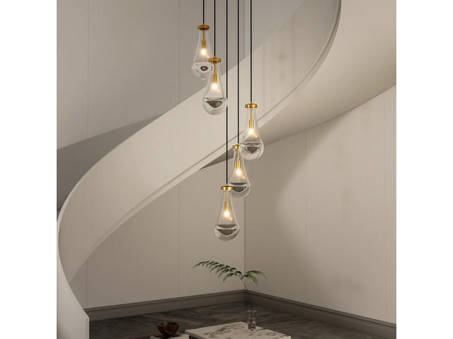 5 Light Cluster Pendant Light, Brass High Ceiling Chandeliers Adjustable, Living Room Pendant Light, Foyer Chandeliers, Stairwell Pendant...
