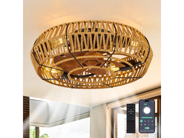19' Caged Ceiling Fans with Lights and Remote, Boho Flush Mount Ceiling Fan with Light, Low Profile Chandelier 6 Speed Bladeless Reversible Ceiling...