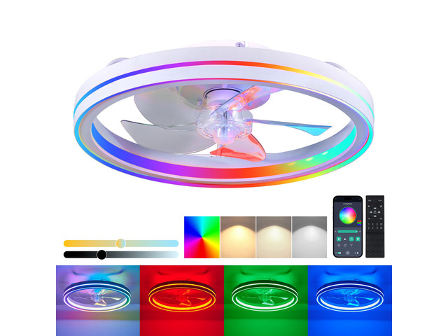 Rgb Ceiling Fans with Lights, 19'' Smart Led Ceiling Fan with Remote/App Control, Modern Low Profile Bladeless Chandelier Fan, Dimmable White...