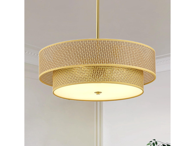 17.7 inch Woven Rattan Linen Semi Flush Mount Ceiling Light Fixture, Modern Boho Drum Lamp for Bedroom, Kitchen, Dining Room, Living Room, Hallway,...