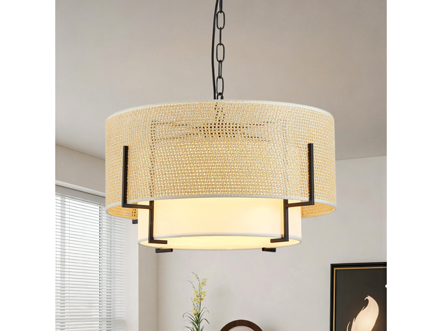 19.7'' Farmhouse Boho Chandelier,4-Light Hand Woven Rattan Pendant Light with Fabric Shade Rustic Drum Chandelier for Dining Room Kitchen Bedroom...