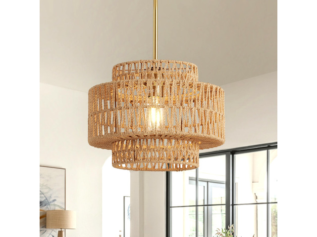 12.6 in Boho Rattan Chandelier Light Fixture,1-Light Hand Woven Pendant Light Fixture Farmhouse Rustic Hanging Lamp for Kitchen Island Bedroom,...