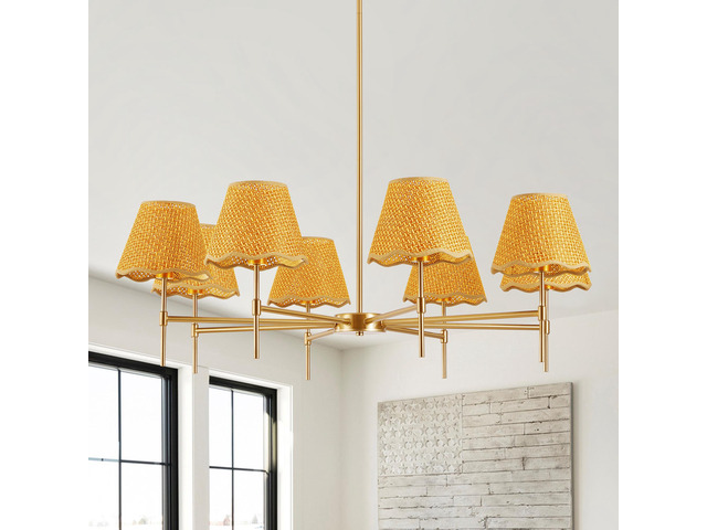 Gold Farmhouse Chandelier 8-Light Boho Pendant Lamp 38.6 in Large Rustic Rattan Chandelier Light Fixture with Height Adjustable Hanging Pole for...